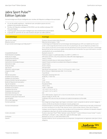 Spécification | Jabra Sport Pulse Wireless Manuel utilisateur | Fixfr