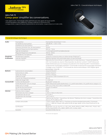 Spécification | Jabra Talk 15 Manuel utilisateur | Fixfr