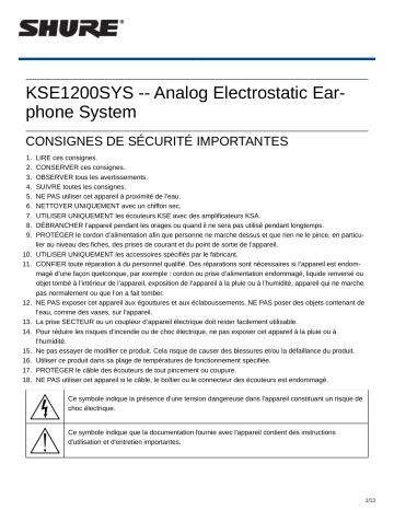 Shure KSE1200SYS Analog Electrostatic Earphone System Mode d'emploi | Fixfr