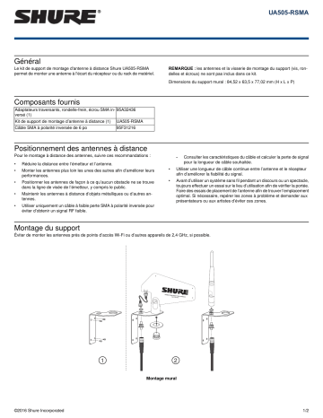 Shure UA505-RSMA Remote Antenna Mounting Bracket Kit Mode d'emploi | Fixfr
