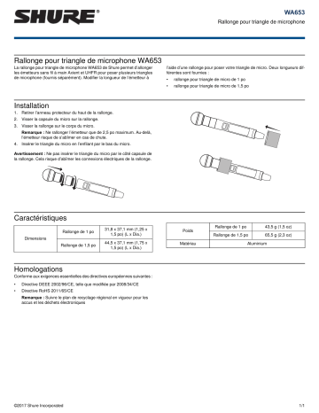 Shure WA653 Microphone Flag Extender Mode d'emploi | Fixfr