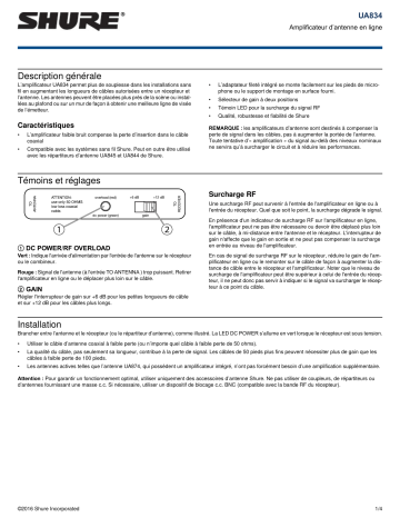 Shure UA834 In-Line Antenna Amplifier Mode d'emploi | Fixfr