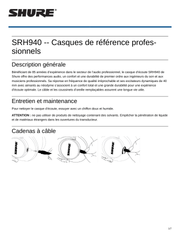 Shure SRH940 Professional Reference Headphones Mode d'emploi | Fixfr