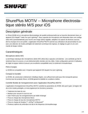 Shure MV88 iOS Mid-Side Stereo Condenser Microphone Mode d'emploi | Fixfr