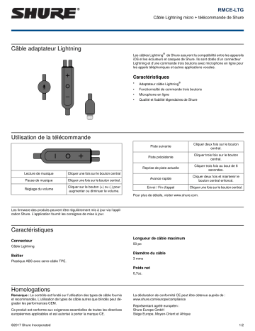 Shure RMCE-LTG Remote   Mic Lightning® Cable Mode d'emploi | Fixfr