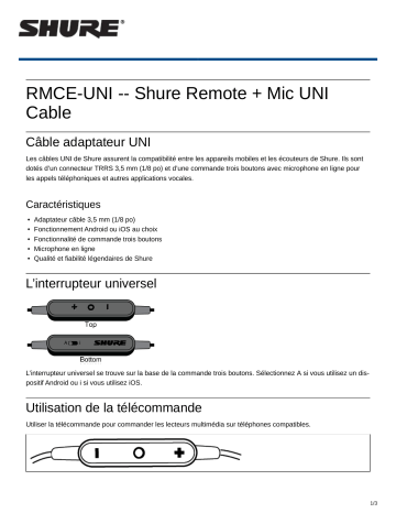 Shure RMCE-UNI Remote   Mic UNI Cable Mode d'emploi | Fixfr