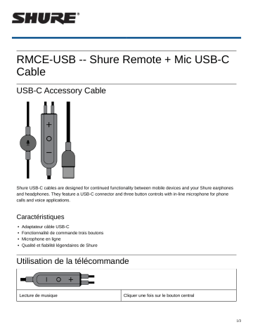 Shure RMCE-USB Remote   Mic USB-C Cable Mode d'emploi | Fixfr