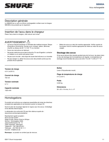 Shure SB900A Rechargeable Battery Mode d'emploi | Fixfr