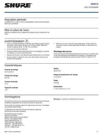 Shure SB901A Rechargeable Battery Mode d'emploi | Fixfr