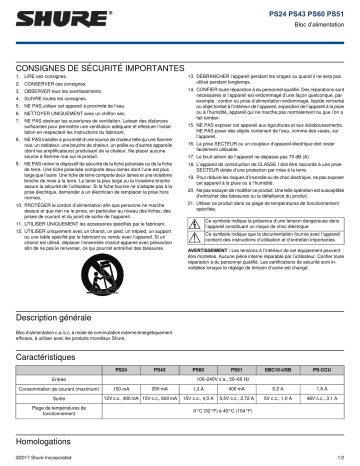 Shure PS Power Supply Mode d'emploi | Fixfr