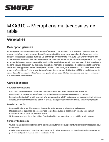 Shure MXA310 Table Array Microphone Mode d'emploi | Fixfr