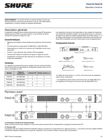 Shure PA421B-PA821B Antenna Combiner Mode d'emploi | Fixfr