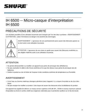 Shure IH6500 Interpreter Headset Mode d'emploi | Fixfr