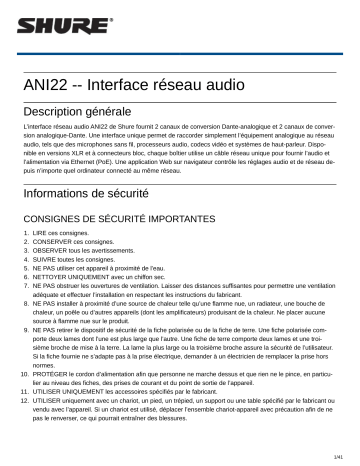 Shure ANI22 Audio Network Interface Mode d'emploi | Fixfr