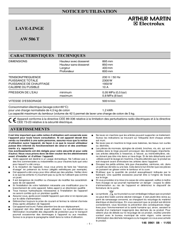 ARTHUR MARTIN ELECTROLUX AW506T Manuel utilisateur | Fixfr