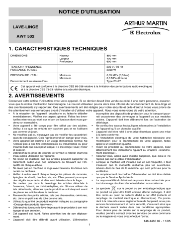 ARTHUR MARTIN ELECTROLUX AWT502 Manuel utilisateur | Fixfr