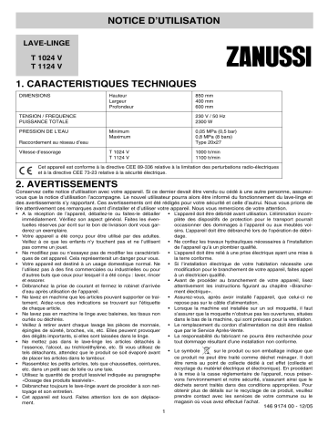 T1024V | Zanussi T1124V Manuel utilisateur | Fixfr