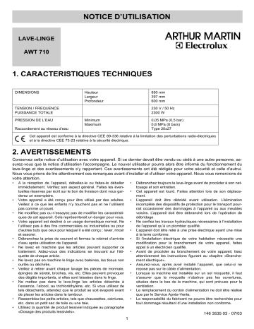 ARTHUR MARTIN ELECTROLUX AWT710 Manuel utilisateur | Fixfr