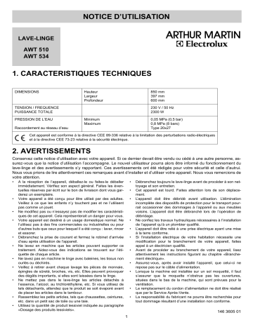 AWT534 | ARTHUR MARTIN ELECTROLUX AWT510 Manuel utilisateur | Fixfr