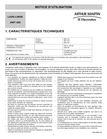 ARTHUR MARTIN ELECTROLUX AWT502 Manuel utilisateur | Fixfr