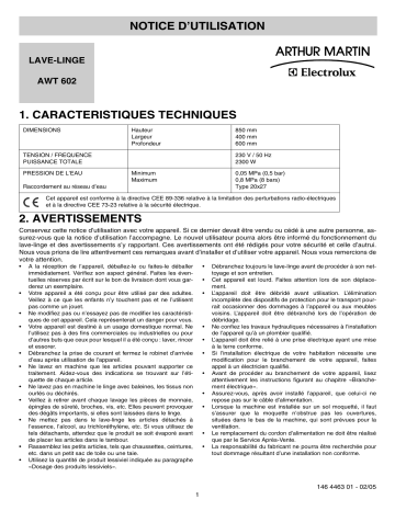 ARTHUR MARTIN ELECTROLUX AWT602 Manuel utilisateur | Fixfr