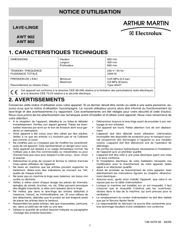 ARTHUR MARTIN ELECTROLUX AWT902 Manuel utilisateur | Fixfr