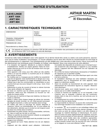 AWT804 | ARTHUR MARTIN ELECTROLUX AWT904 Manuel utilisateur | Fixfr