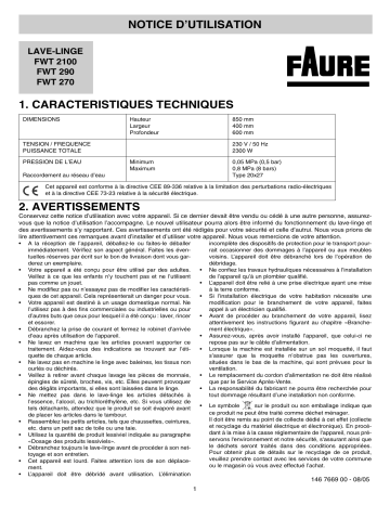 FWT2100 | FWT290 | Faure FWT270 Manuel utilisateur | Fixfr