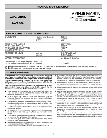 ARTHUR MARTIN ELECTROLUX AWT608 Manuel utilisateur | Fixfr