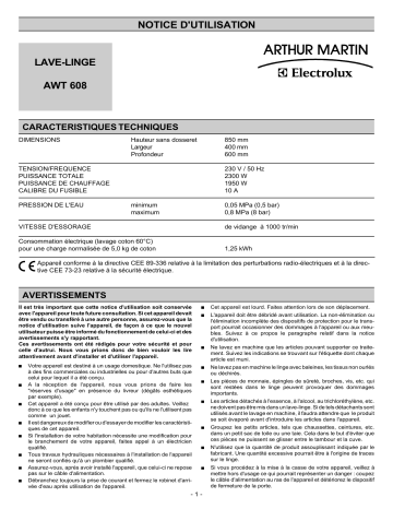 ARTHUR MARTIN ELECTROLUX AWT608 Manuel utilisateur | Fixfr