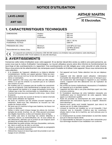 ARTHUR MARTIN ELECTROLUX AWT525 Manuel utilisateur | Fixfr