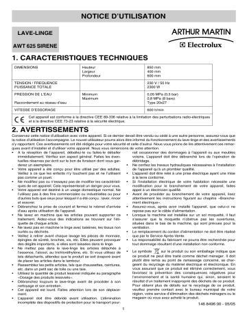 ARTHUR MARTIN ELECTROLUX AWT625 Manuel utilisateur | Fixfr