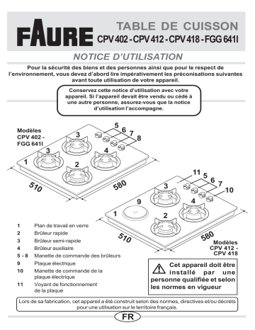 FGG641IN | FGG641IS | CPV402N | CPV412W | FGG641IW | CPV412N | CPV402W | FGG641IM | Faure CPV402M Manuel utilisateur | Fixfr