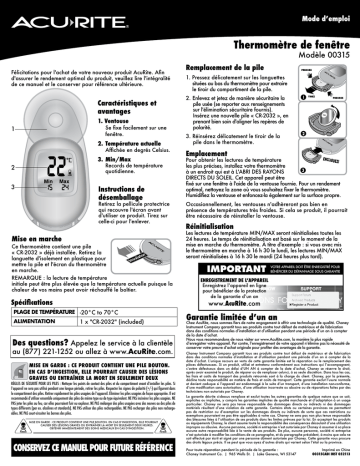 AcuRite Digital Window Thermometer Manuel utilisateur | Fixfr