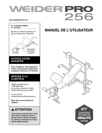 Weider CANADA PRO 256 BENCH 29829 Manuel utilisateur | Fixfr