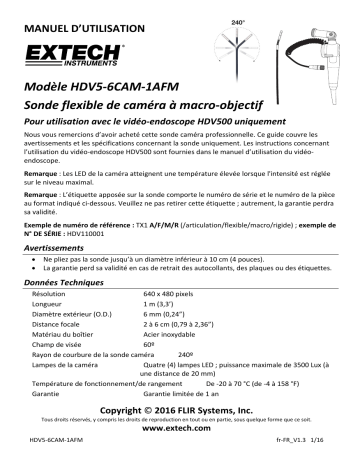 Extech Instruments HDV5-6CAM-1AFM 6mm Articulating VideoScope Camera Head Manuel utilisateur | Fixfr